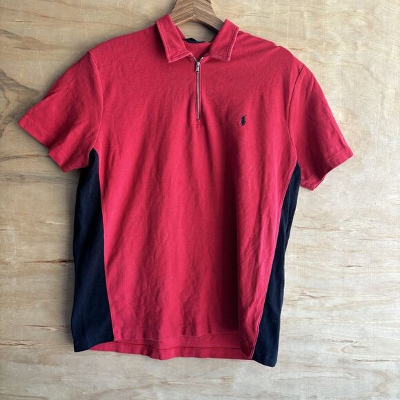 Men's XL Red Polo Ralph Lauren 1/4 Zip Short Sleeve Pull Over Black Pony - Picture 1 of 5